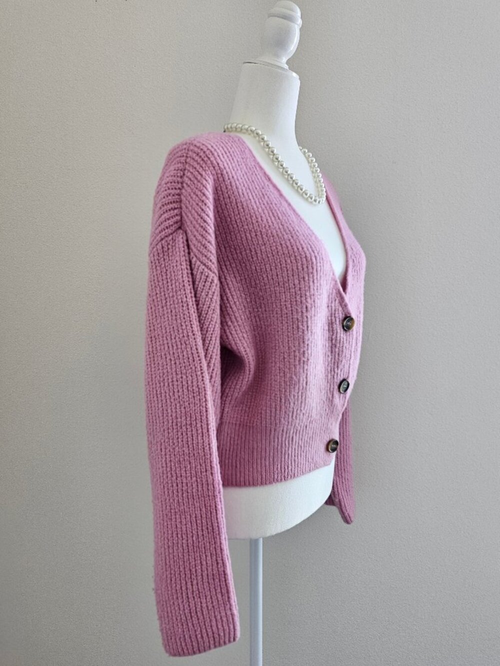 Pink Cropped Cardigan – Soft Knit – Button Front - Picture 2 of 5